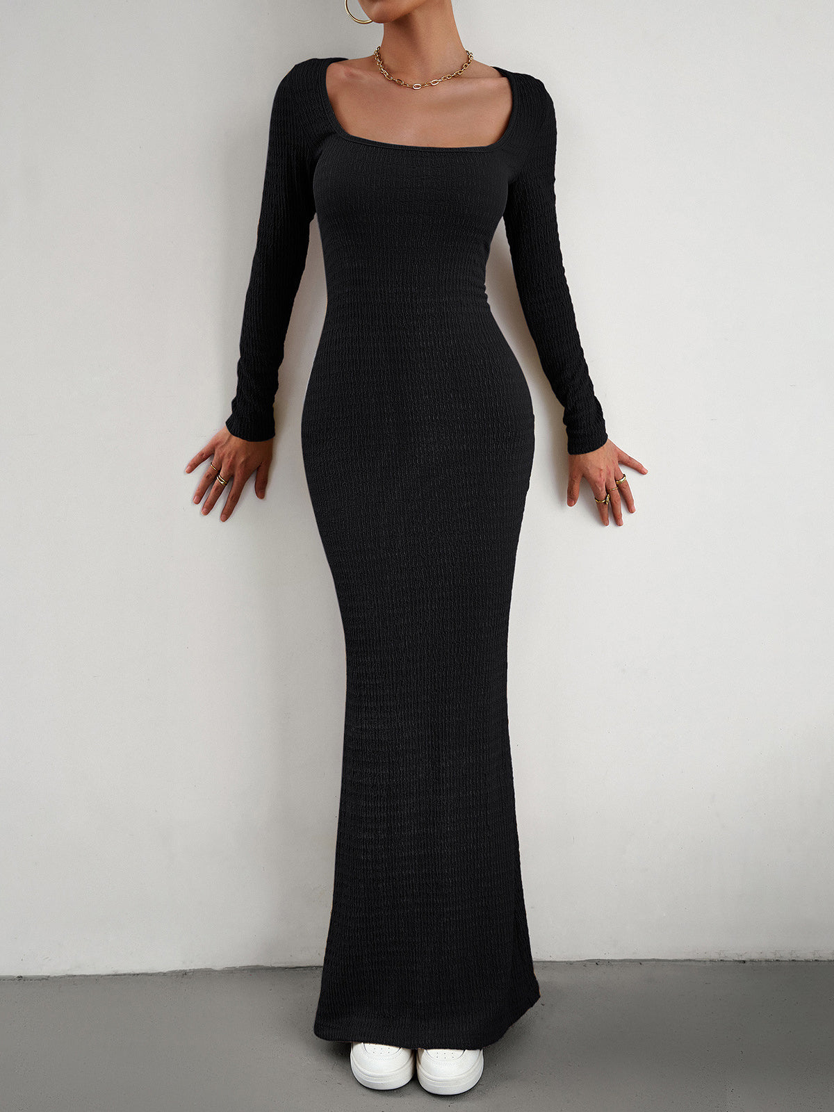 Crush Textured Long Sleeve Long Dress