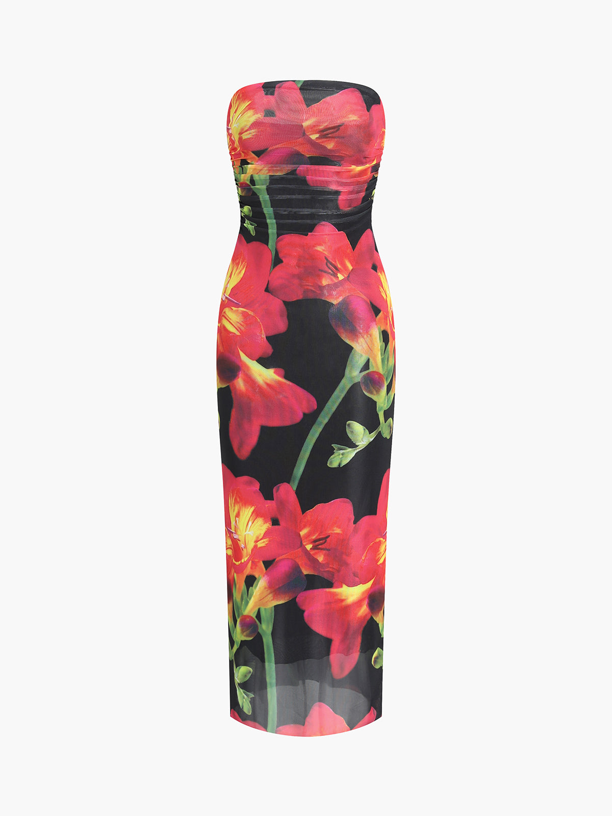 Poppy Floral Mesh Tube Midi Dress