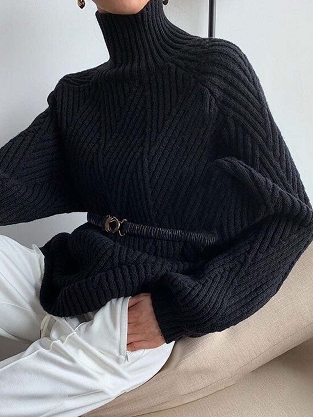 Criss Cross Knit Turtleneck Sweater