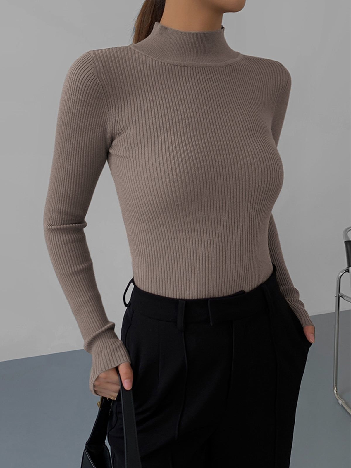 Mock Neck Rib Long Sleeve Knit Top