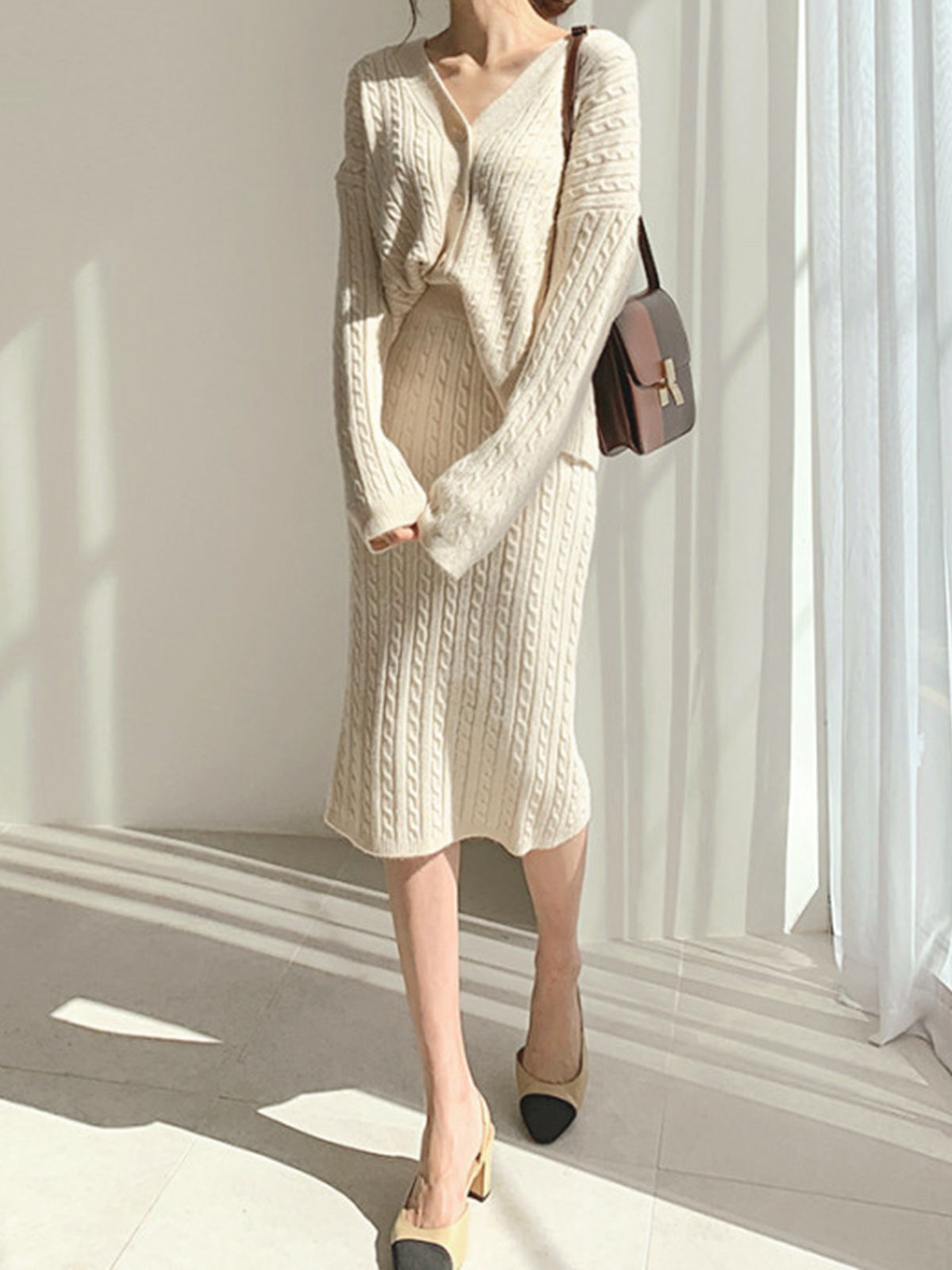 Cable Knit Two Piece Sweater Skirt Set