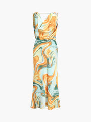 Watermarble Satin Cowl Neck Midi Dress