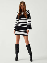 Open Back Stripe Long Sleeve Short Sweater Dress