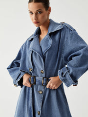 Ripped Hem Denim Trench Coat