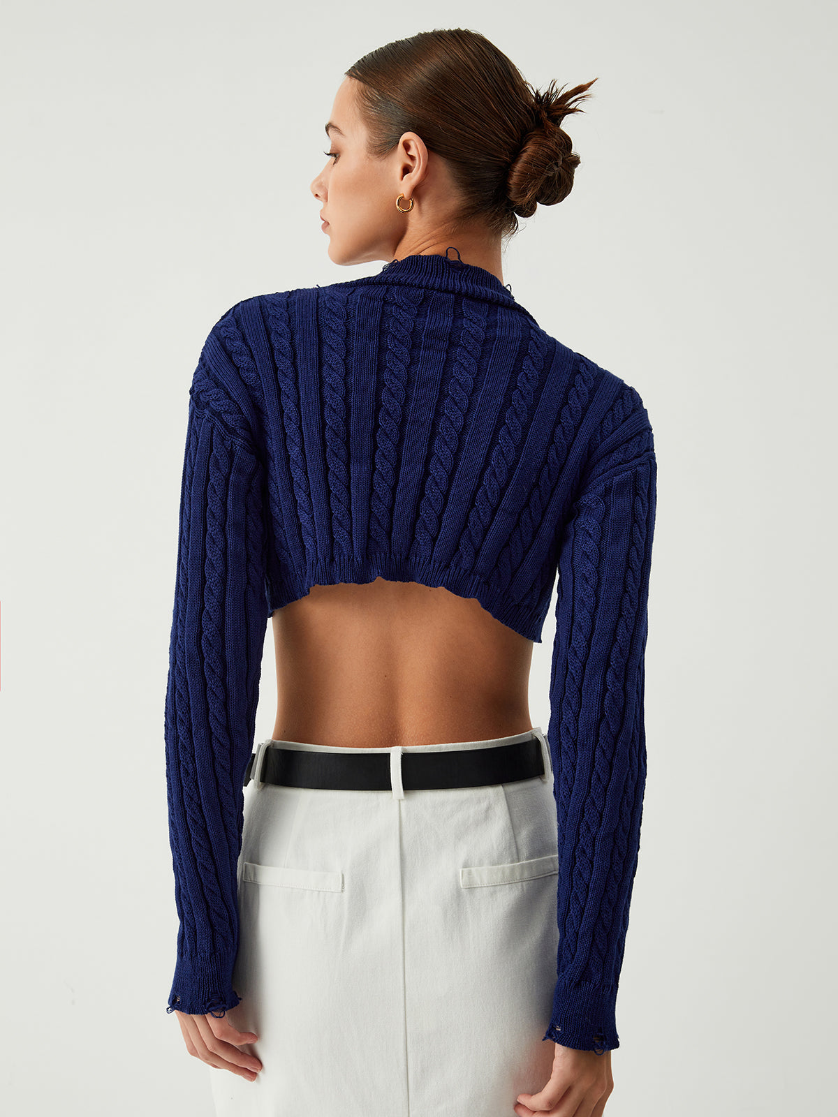 Cable Knit Ripped Hem Crop Knit Top