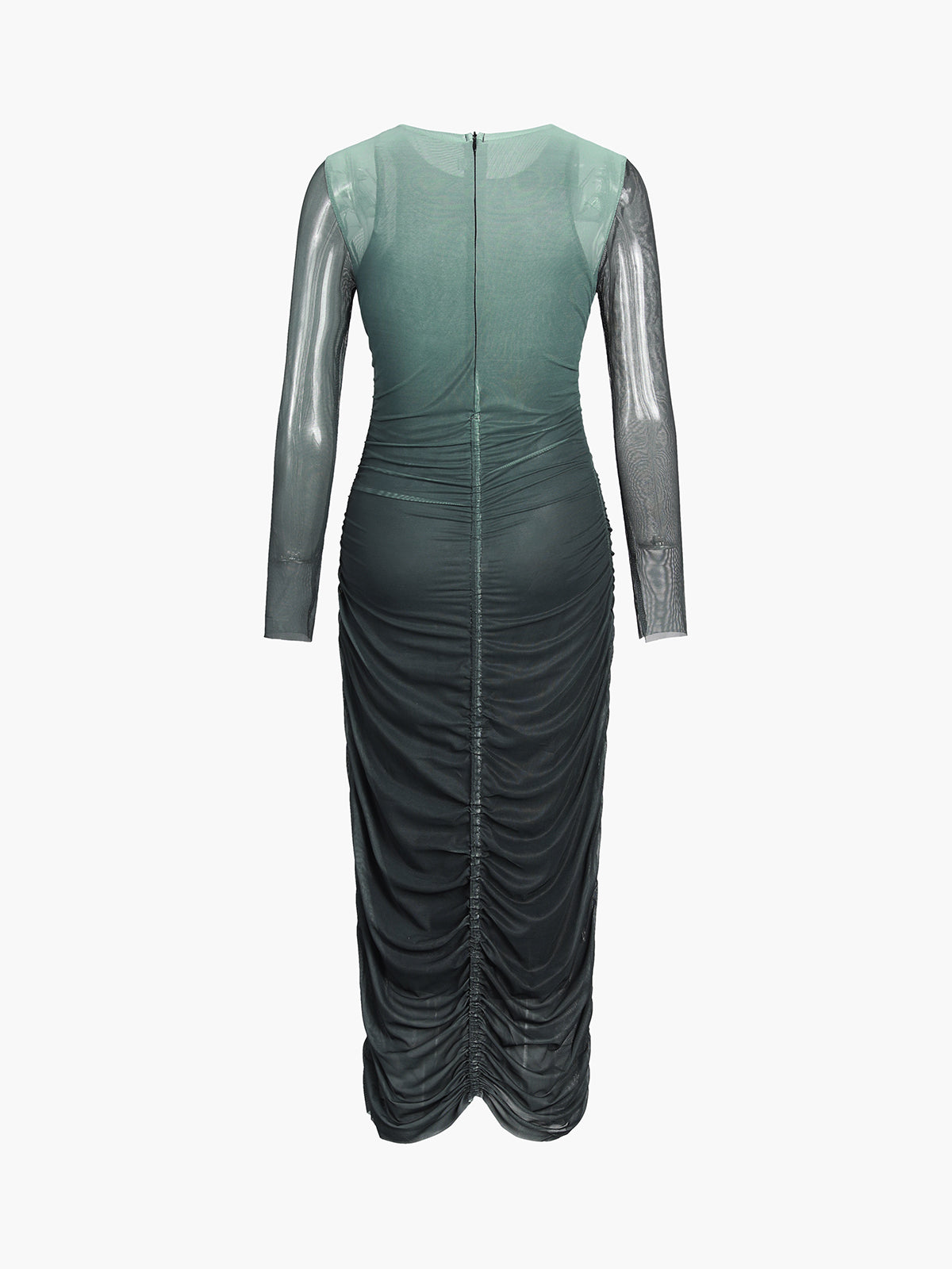 Ombre Green Mesh Long Sleeve Ruched Midi Dress