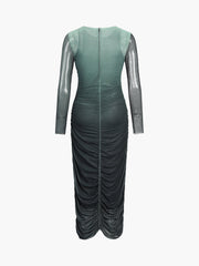 Ombre Green Mesh Long Sleeve Ruched Midi Dress