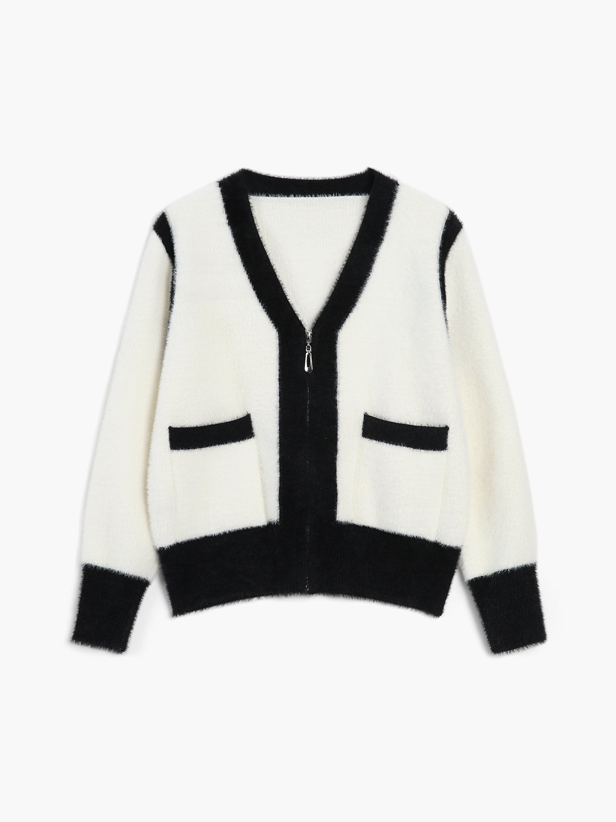 Fuzzy Contrast Trim Zippered Cardigan