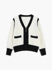 Fuzzy Contrast Trim Zippered Cardigan