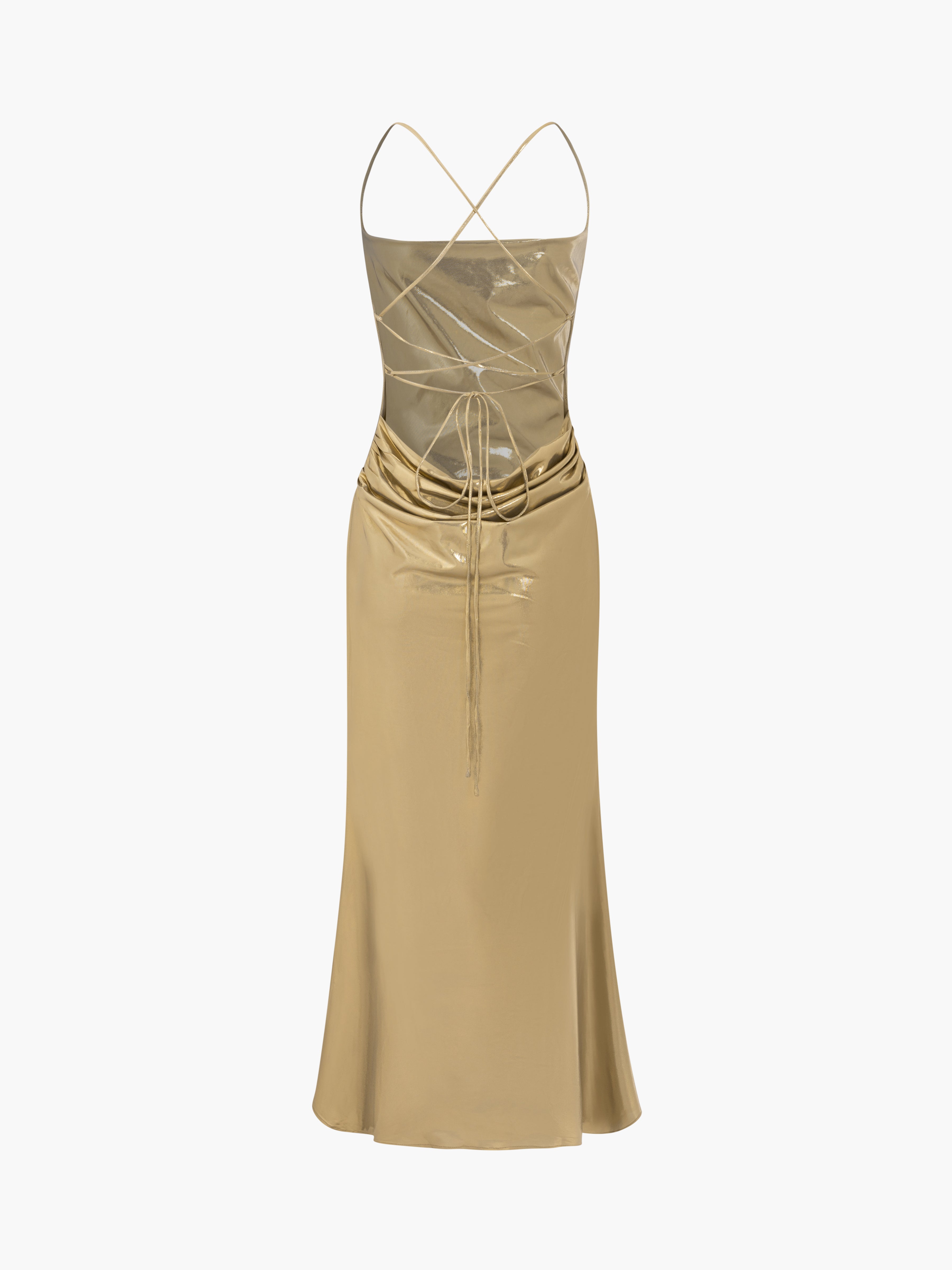 Metallic Leather Cowl Back Tie Midi Dress