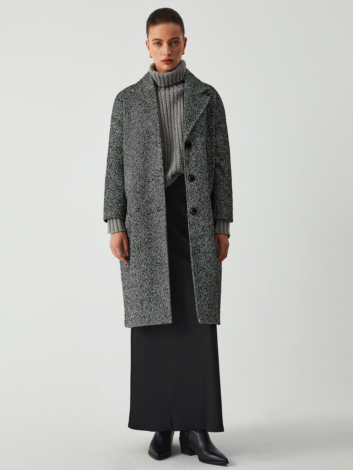 Single Breasted Longline Tweed Coat