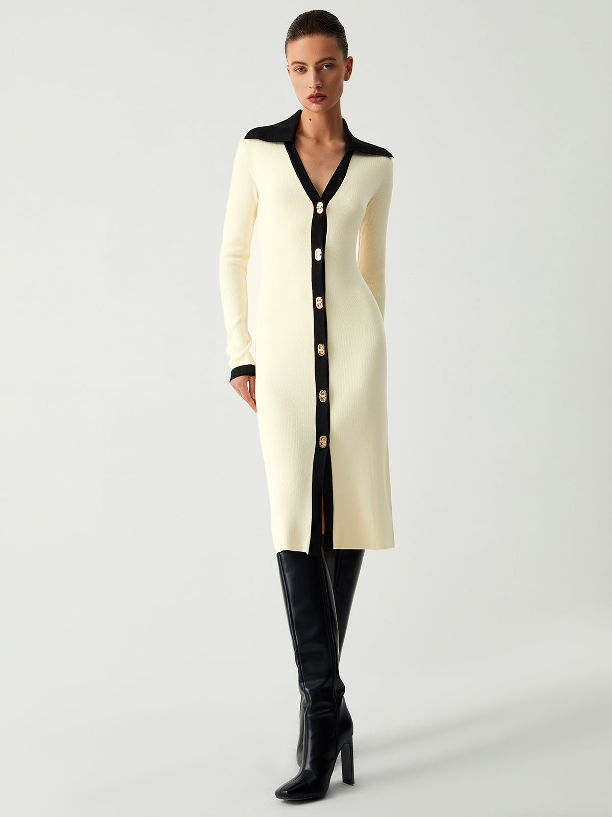 Contrast Trim Collared Long Sleeve Knit Dress