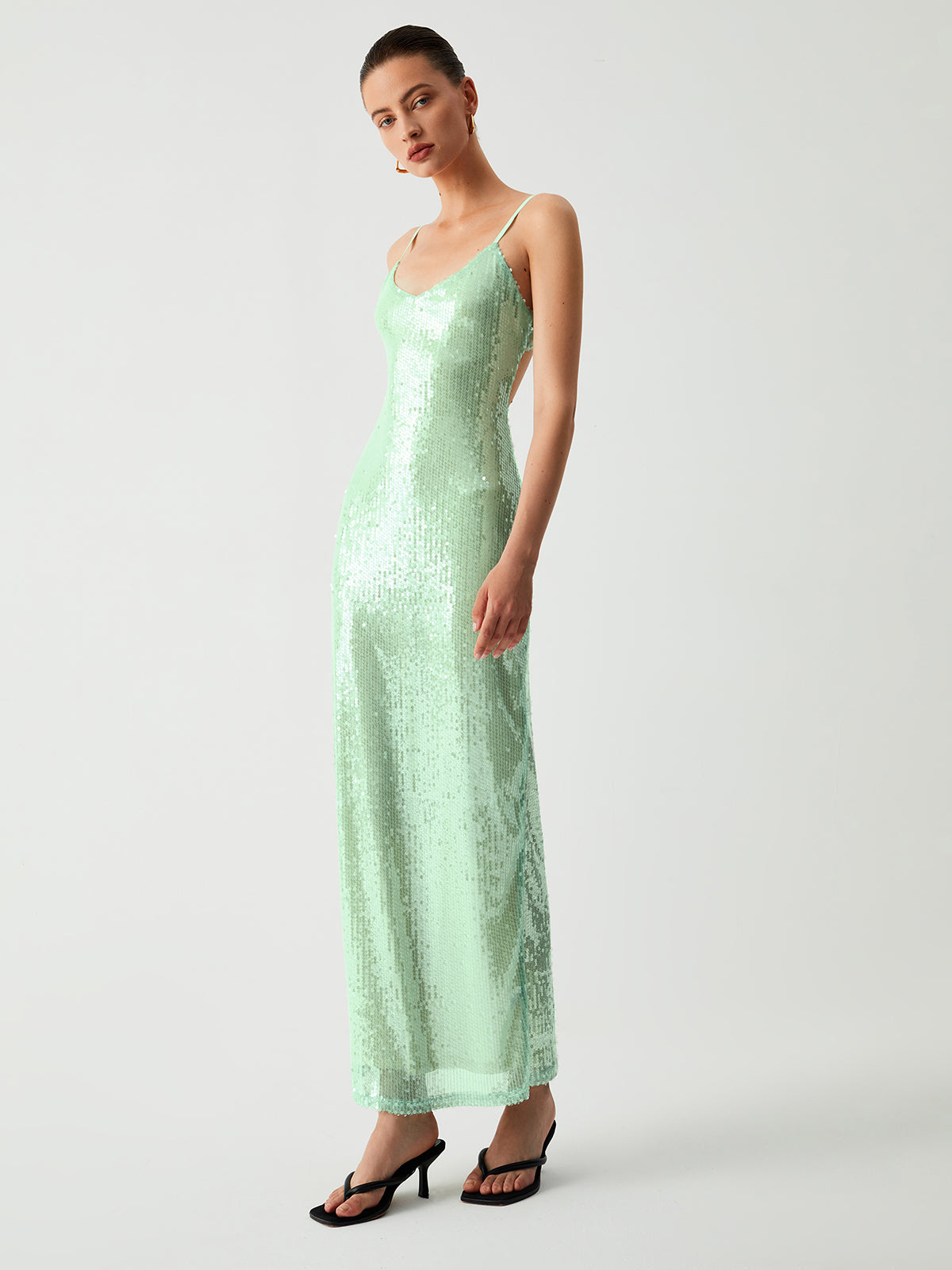 Triggered Sequin Open Back Long Dress