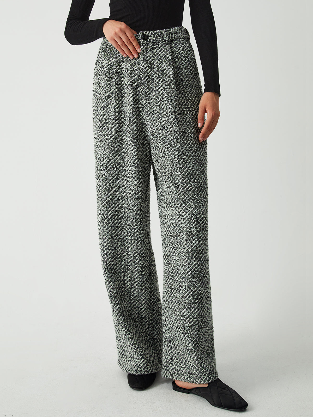 Old Money Aesthetics Tweed Boucle Wide Leg Pants