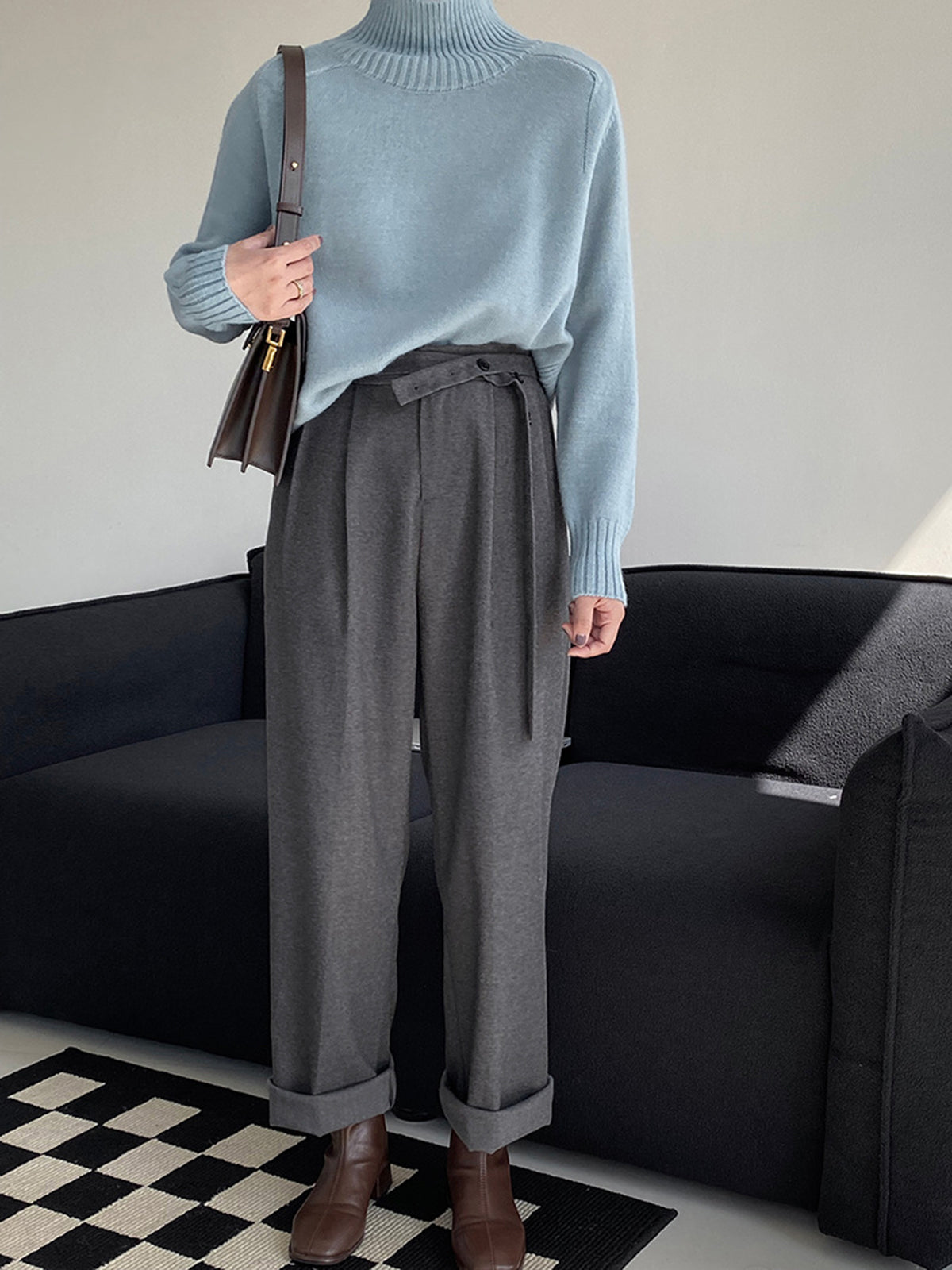 Asymmetric Buttoned Pleat Straight Leg Dress Pants