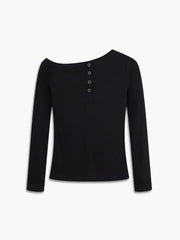 Asymmetric Neckline Half Buttoned Long Sleeve Rib Top