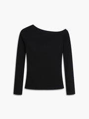 Asymmetric Neckline Half Buttoned Long Sleeve Rib Top