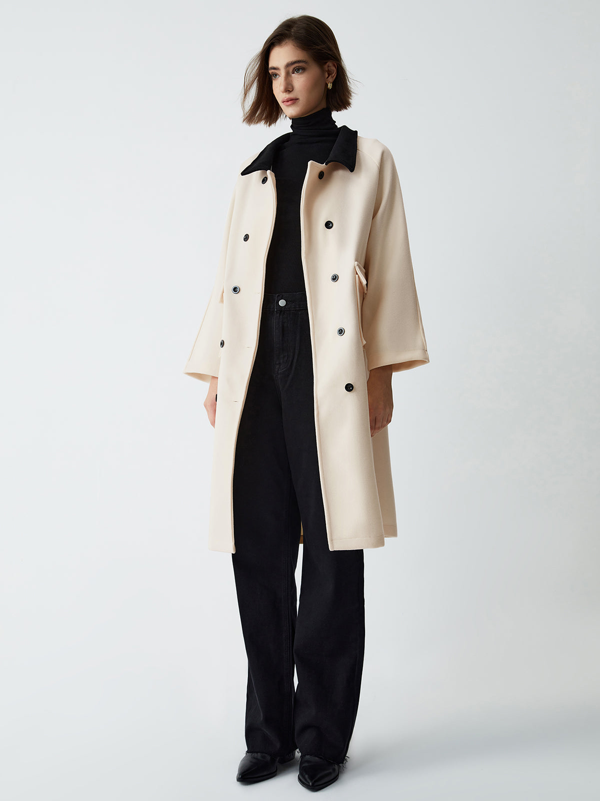 Contrast Collar Long Trench Coat