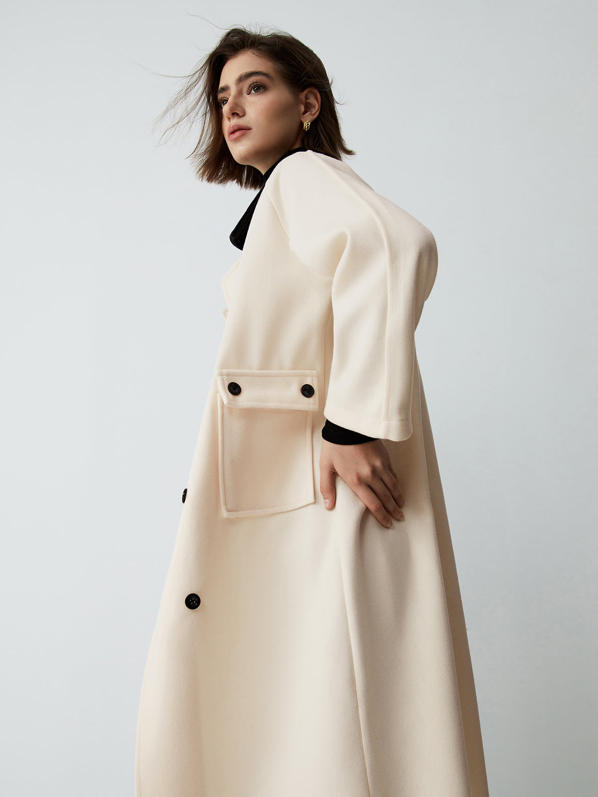 Contrast Collar Long Trench Coat