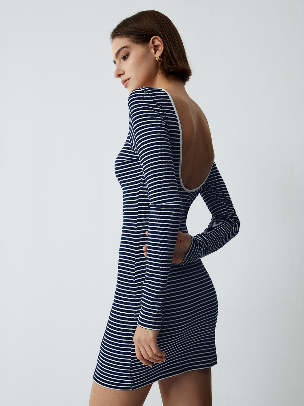 Stripe Open Back Long Sleeve Short Dress