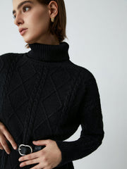 Belted Cable Knit Mock Neck Short Sweater Dress