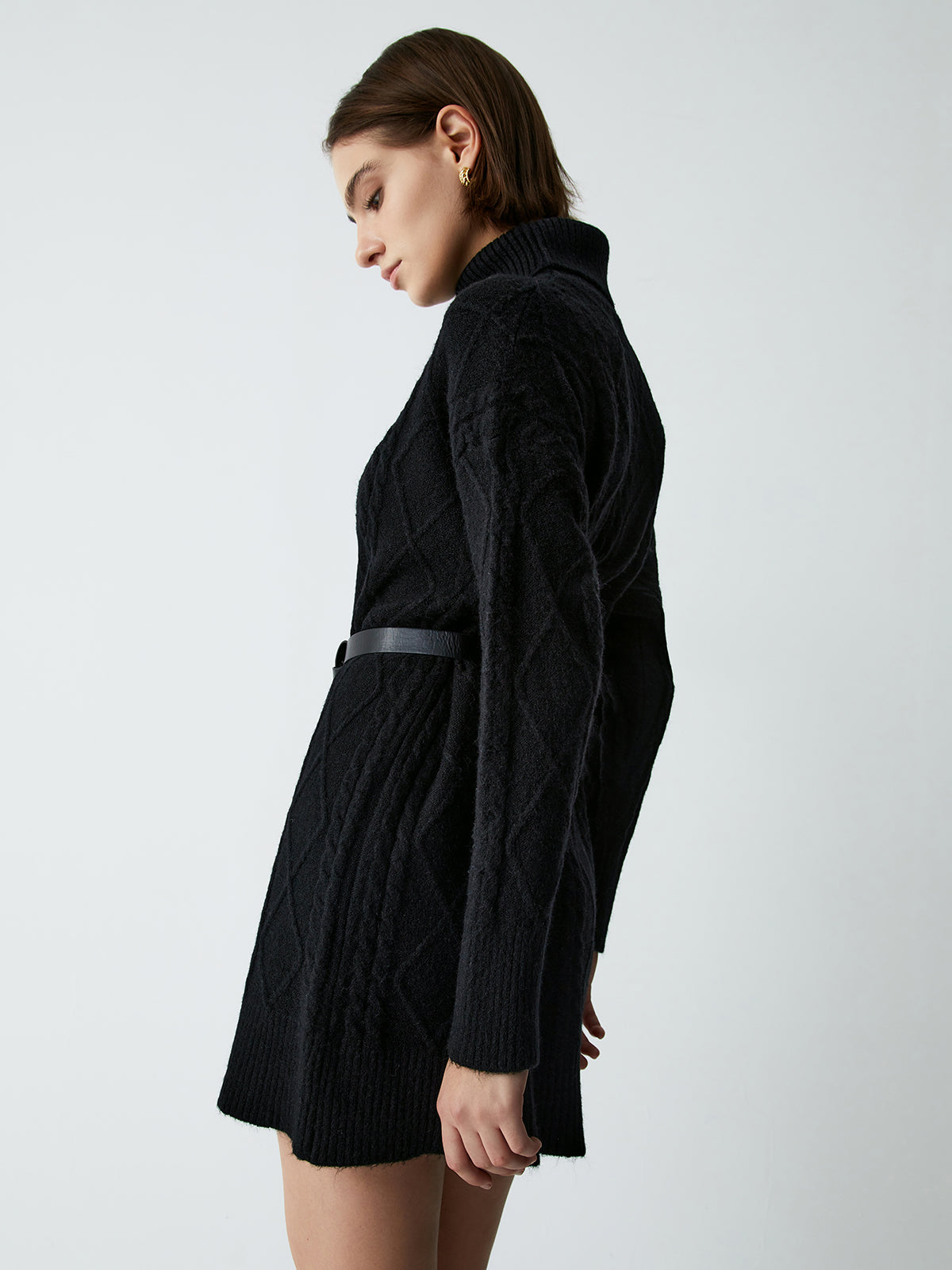 Belted Cable Knit Mock Neck Short Sweater Dress