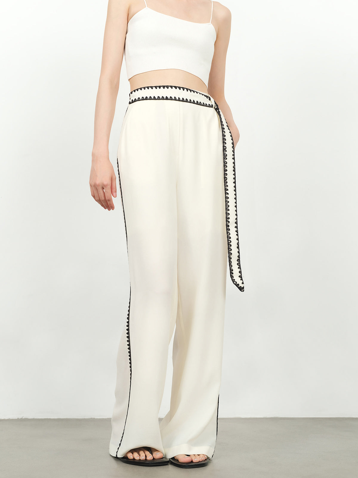 Embroidered Trim Wide Leg Dress Pants