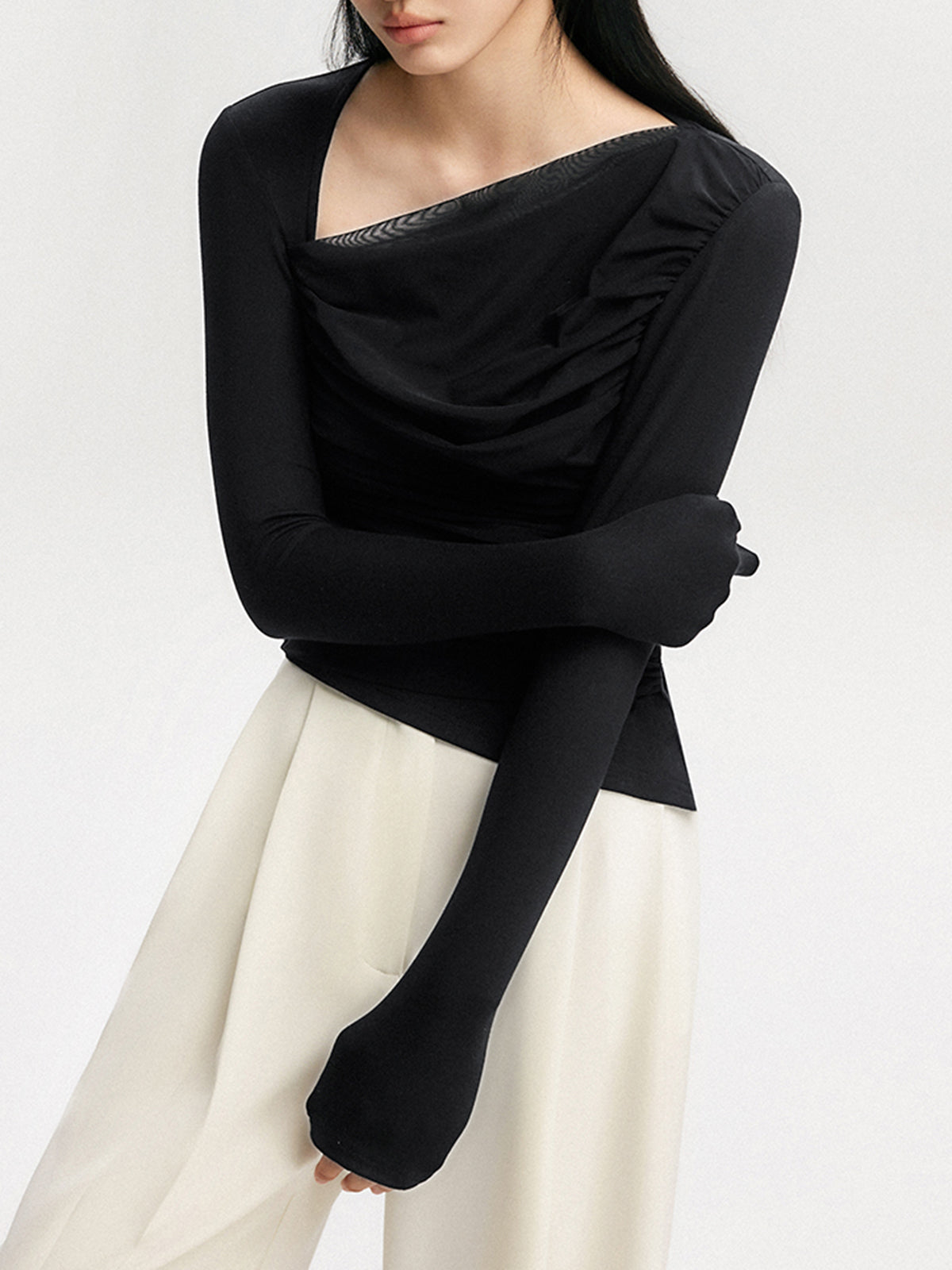 Asymmetric Neckline Oblique Hem Long Sleeve Top