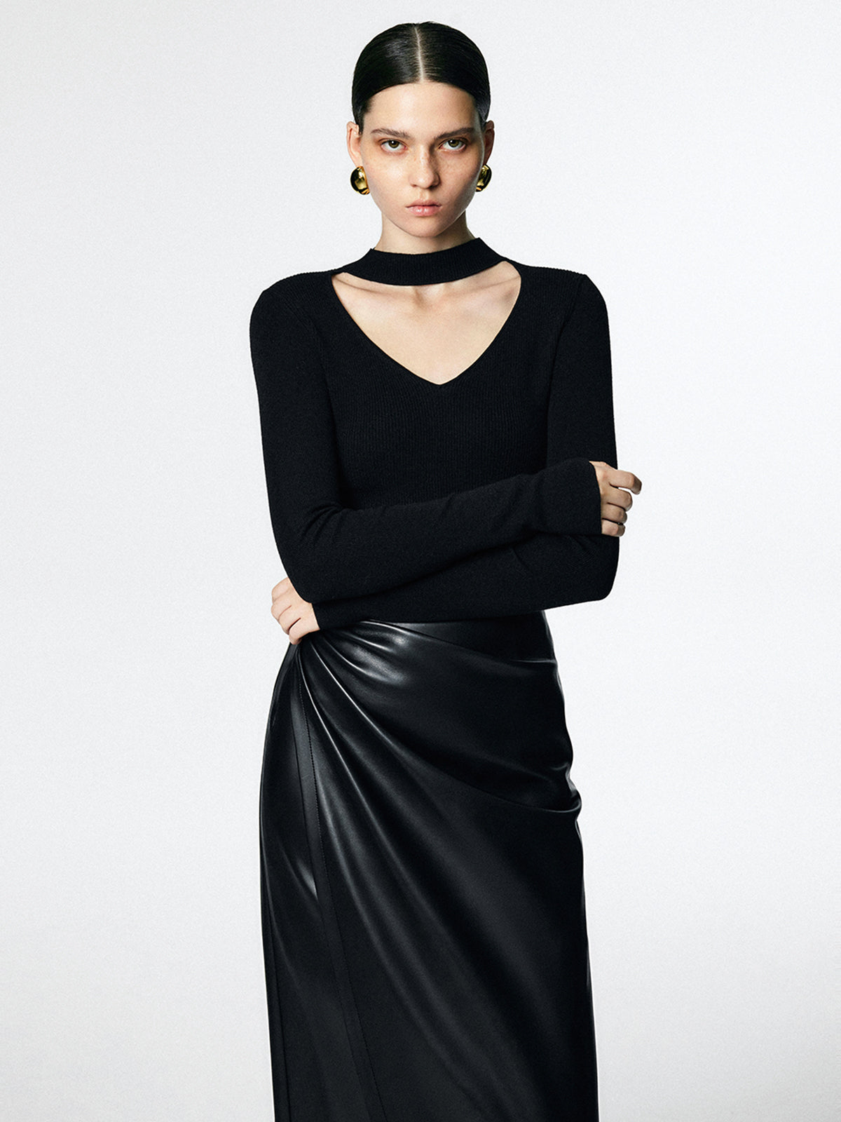 Leather Ruched Midi Skirt