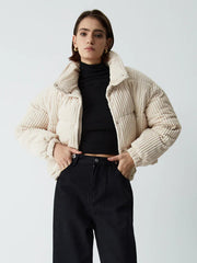 Corduroy Open Collar Puffer Coat