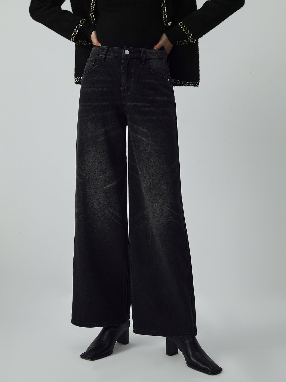 Black Denim Wide Leg Culotte Pants