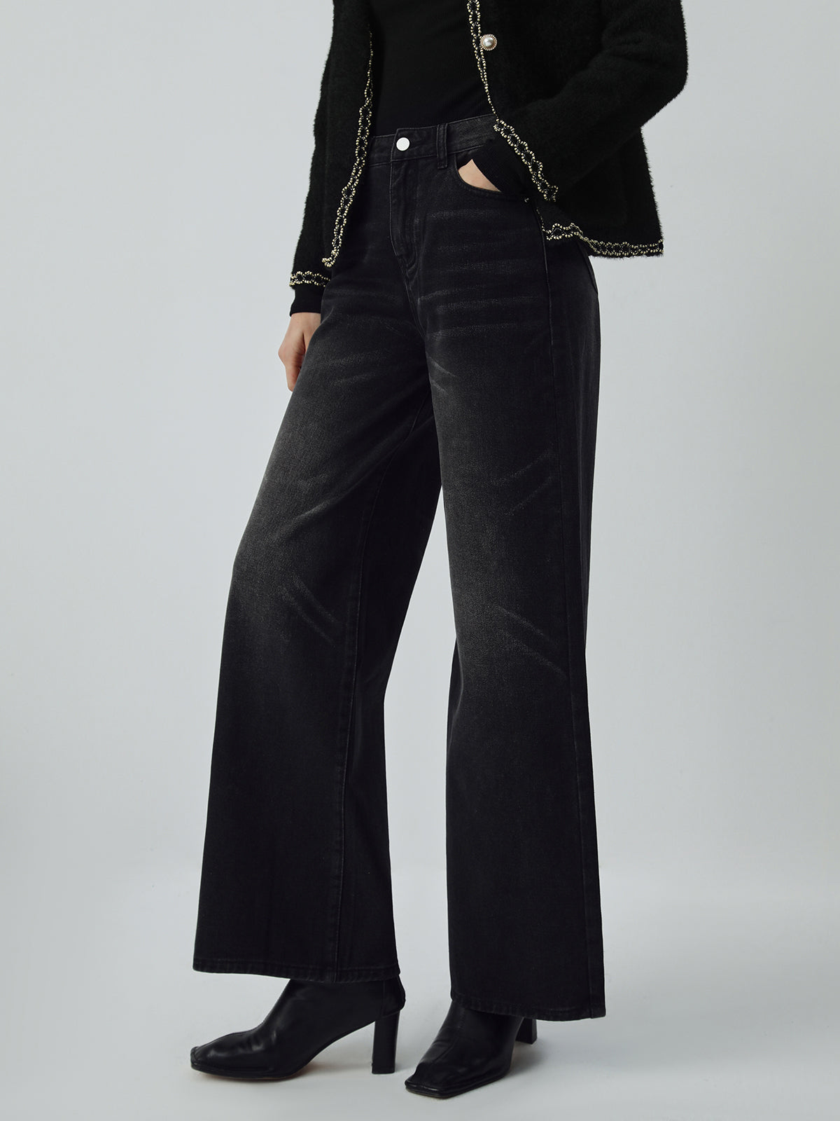 Black Denim Wide Leg Culotte Pants