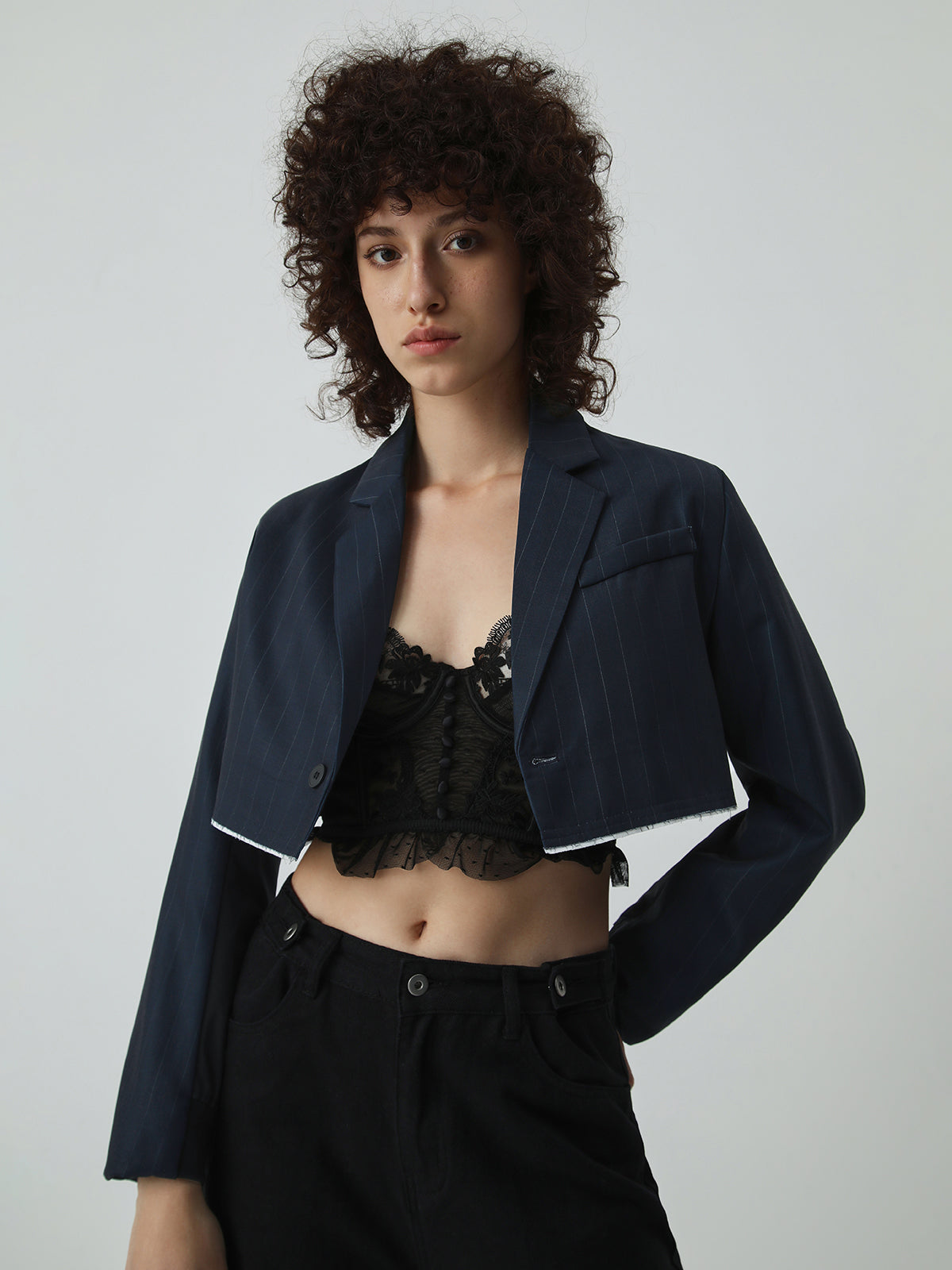 Double Lined Pinstripe Raw Hem Crop Blazer