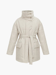 Stand Collar Tie Front Quilted Puffer Coat