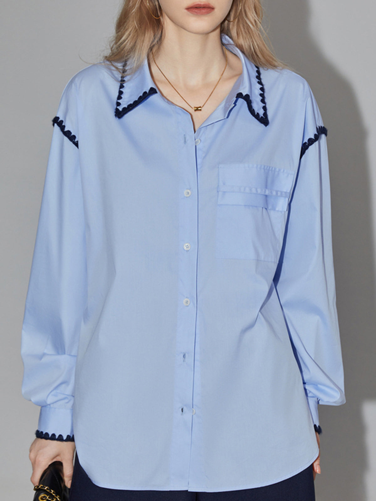 Baby Blue Embroidered Trim Shirt