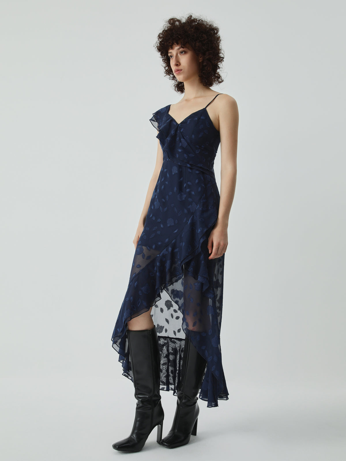 Jacquard Asymmetric Ruffle Long Dress