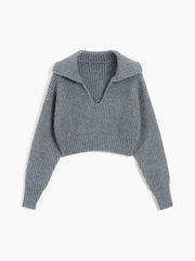 Rib Solid Crop Collared Pullover Sweater