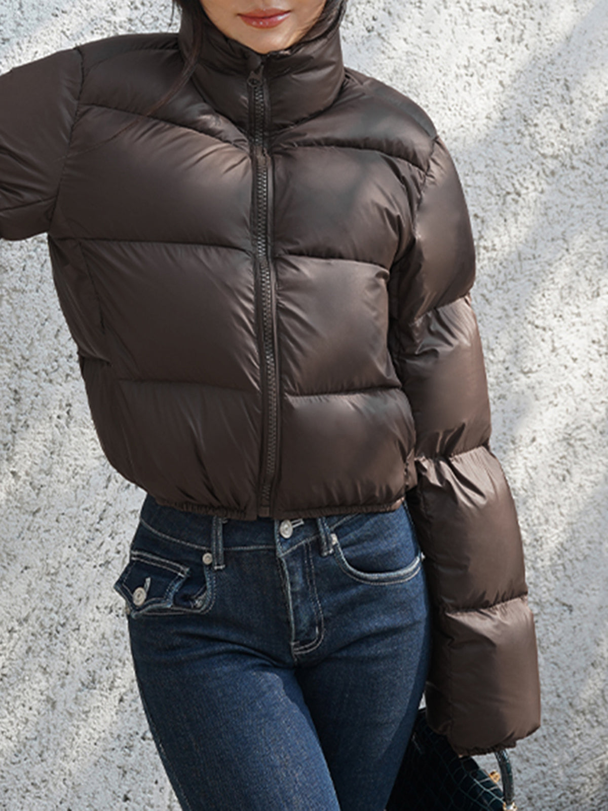 Cocoa Bean Stand Collar Quilted Puffer Coat