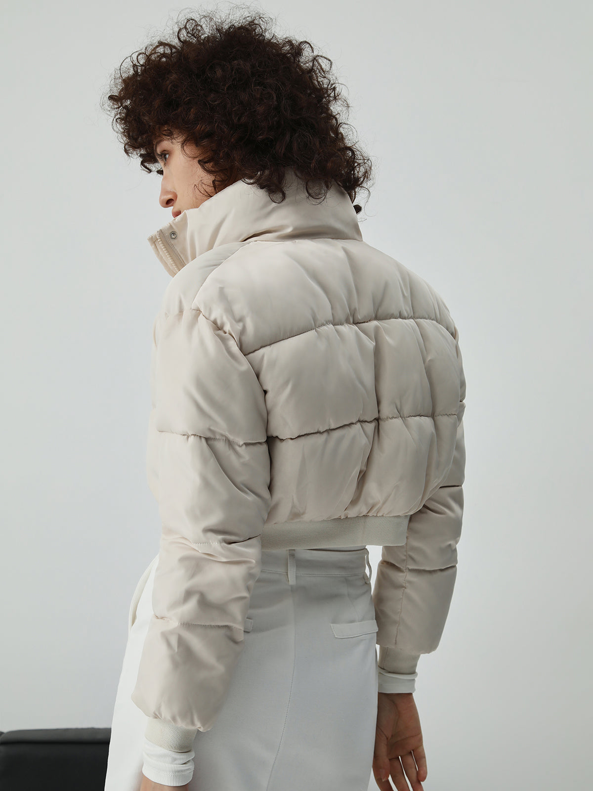 Zip Up Qulited Puffer Stand Collar Crop Coat