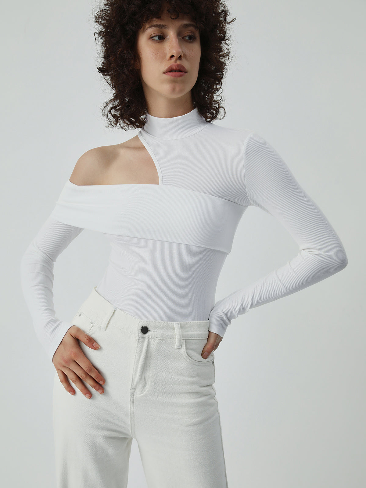 Mock Neck Oblique Cutout Rib Long Sleeve Knit Top