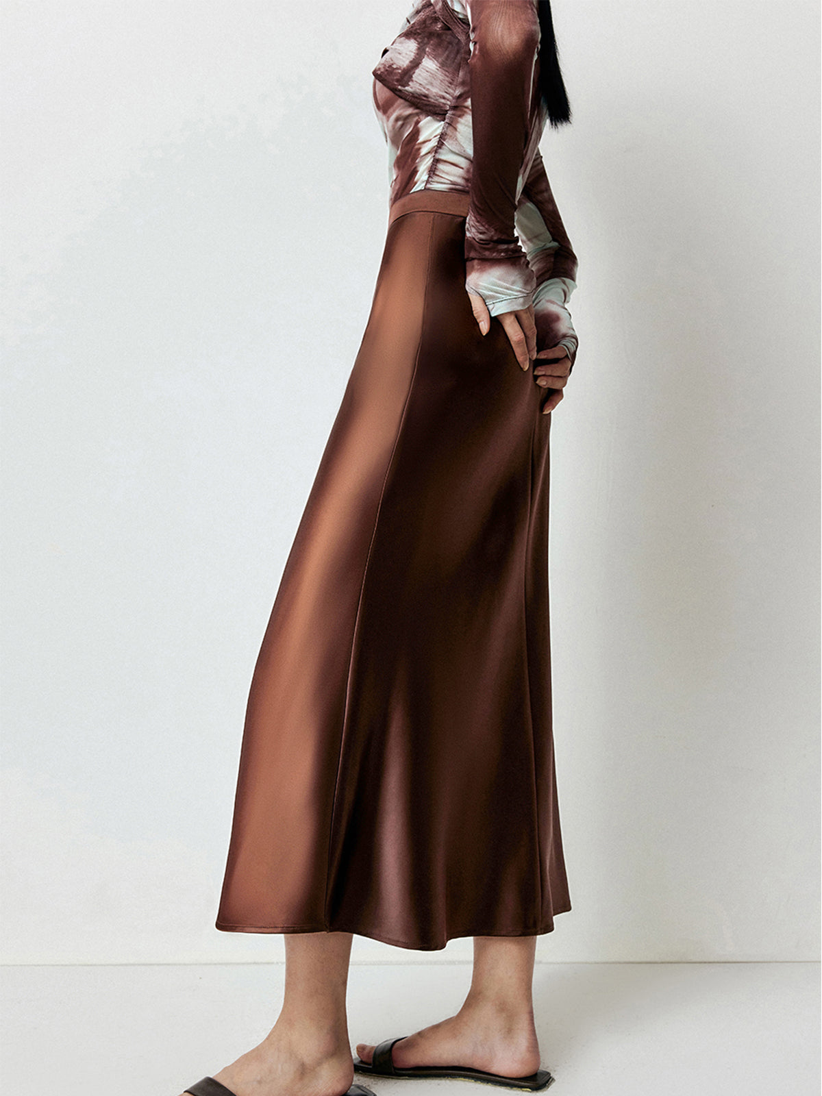 Caramel Satin Flowy Maxi Skirt