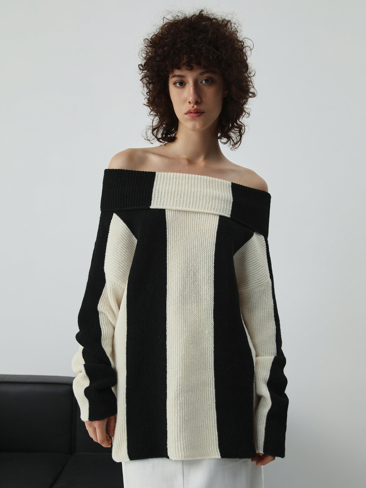 Overfold Off Shoulder Stripe Long Sleeve Knit Top