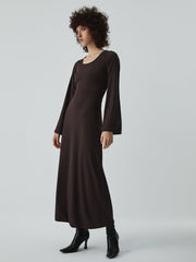 Caramel Flare Long Sleeve Knit Long Dress