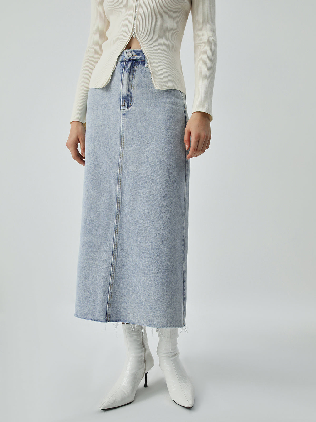 Distressed Denim Raw Hem Maxi Skirt