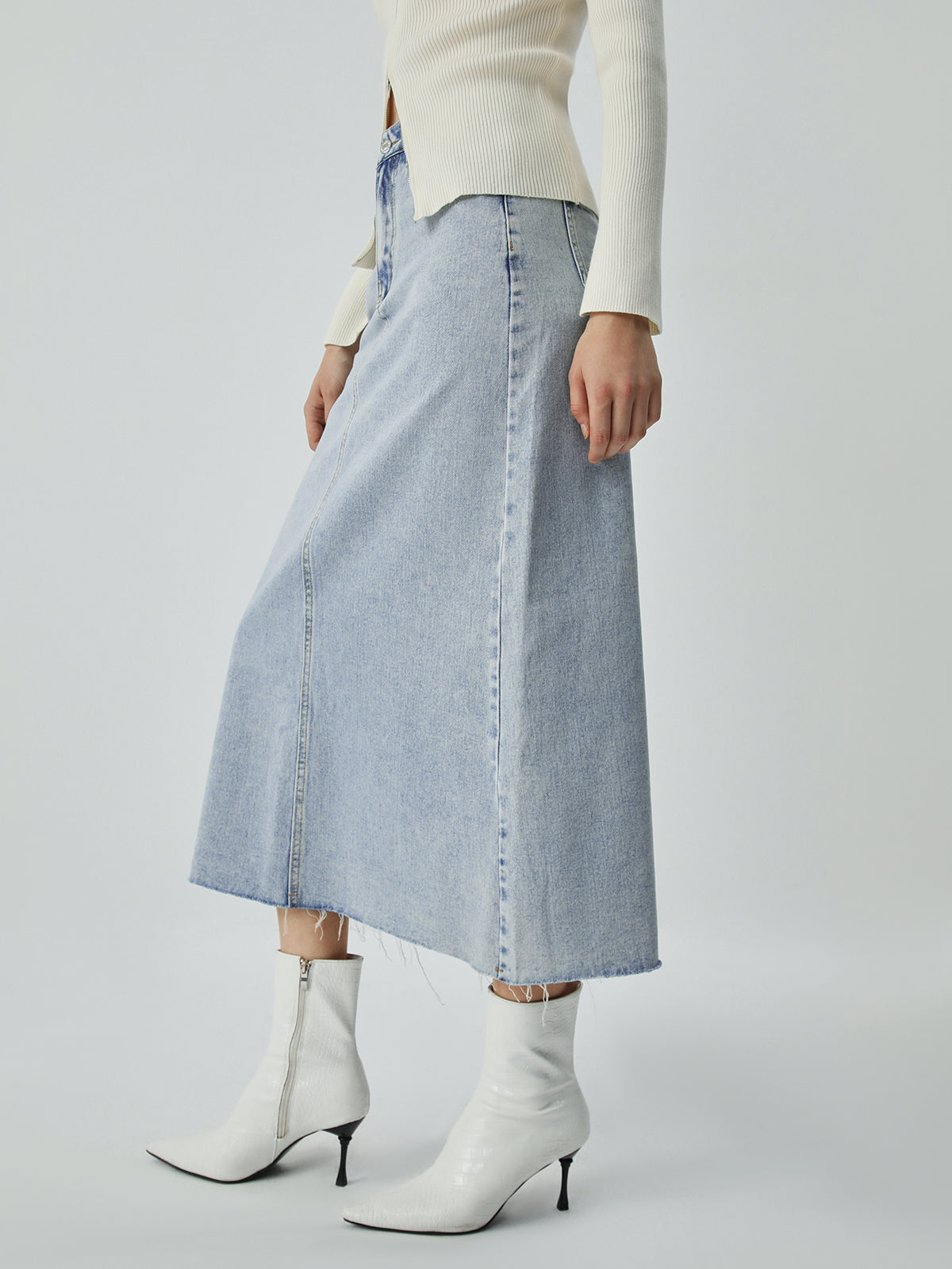 Distressed Denim Raw Hem Maxi Skirt