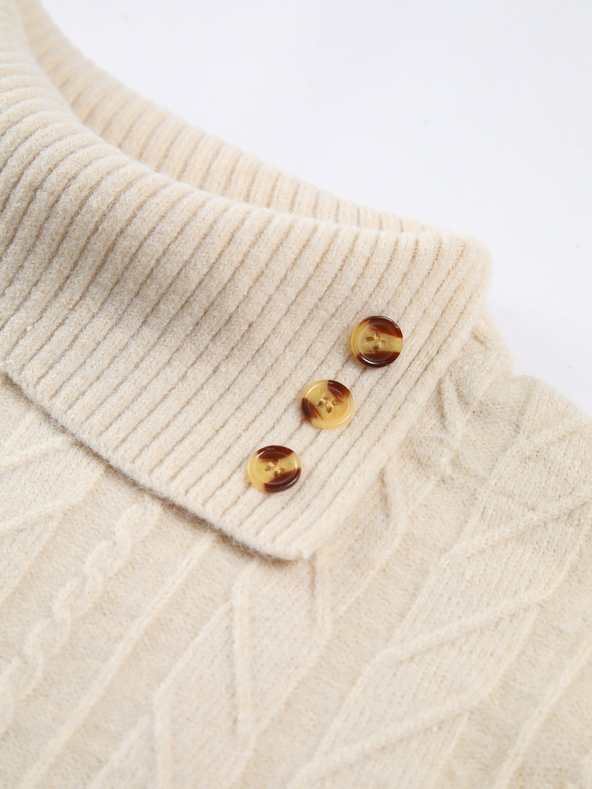 Buttoned Neckline Mock Neck Cable Knit Sweater