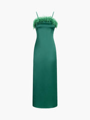 Emerald Green Fuzzy Trim Satin Midi Dress