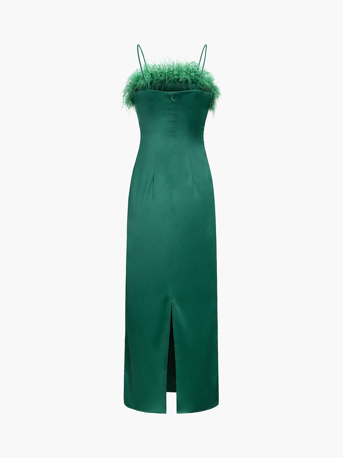 Emerald Green Fuzzy Trim Satin Midi Dress