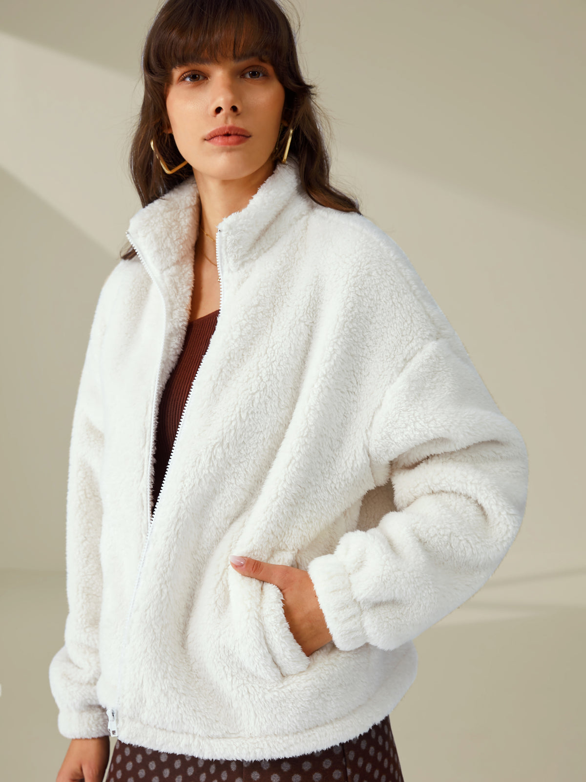 Cozy Drop Shoulder Sherpa Zip Up Funnel Neck Jacket