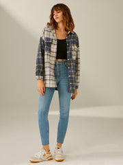 Oversized Color Blocked Plaid Flannel Shirt Jacket